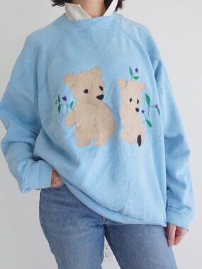 Vintage Sweet Shirts Baby Blue Teddy Bear Floral Applique Sweater Grandma XL